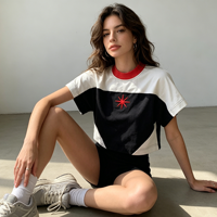 T-shirt court pour filles, color block noir, blanc et rouge, avec broderie étoile personnalisée, style streetwear, manches courtes, vente en gros