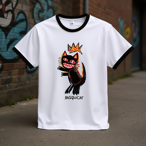T-shirt Basquicat blanc avec bordure noire, imprimé artistique, vêtements décontractés unisexes - Product Image 3