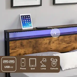 Headboard <strong>Double</strong> Platform <strong>Metal</strong> Wood <strong>Bed</strong> With Light - Product Image 2