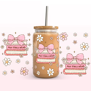 Hot Girls 16oz Glass Can Wrap Cute Pink Bow Daisy Floral Iced Coffee Cut File Taza de tamaño personalizado para Book Lover Estética Coquette - Product Image 1