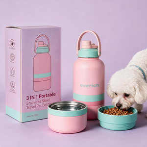 Bottiglia d'Acqua Portatile 3 in 1 per Cani con Ciotole in Acciaio Inox Isolate per Viaggi all'Aperto, Contenitore per Cibo e Acqua - Product Image 1
