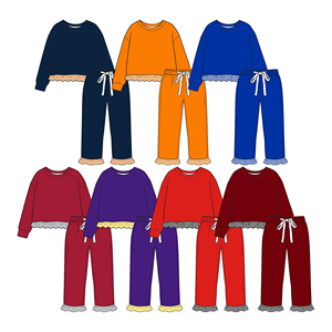 ชุดลำลองสำหรับเด็กผู้หญิงคุณภาพสูง สีพื้น ทูพีซ เสื้อแต่งระบายชายเสื้อและกางเกงขายาวลายทาง สำหรับใส่ในชีวิตประจำวัน - Product Image 1