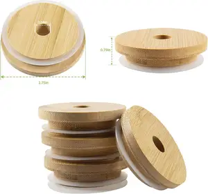 Bamboe Pot Deksels Met Stro Gat, 70Mm Bamboe Deksels Voor Bier Kan Glas Herbruikbare Bamboe Mason Pot Deksels Met Stro Gat