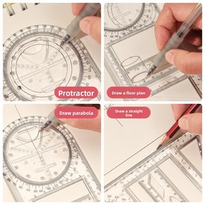 Set di Righelli Geometrici Multifunzionali in Plastica <span class=keywords><strong>per</strong></span> Scuola Elementare e Media/Superiore, Strumento di Disegno Matematico, Set con Goniometro e Compasso - Product Image 3