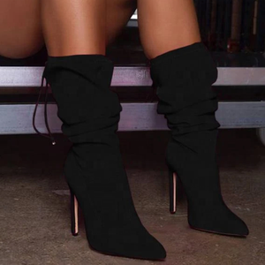 Plus Size 43 Solid Suede Upper Thin Heel Pointed Toe Half Knee High Women <b>Boots</b> Slip-on Mid-calf Daily Women Booties - Product Image 3