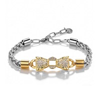 Bracelet chaîne tête de léopard en acier inoxydable plaqué or 18 carats avec incrustation de zircons, fermoir mousqueton réglable pour bijoux de mode masculine