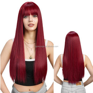 WH29 vente en gros de perruques synthétiques perruques droites de 26 pouces de <span class=keywords><strong>long</strong></span> vin rouge <span class=keywords><strong>avec</strong></span> <span class=keywords><strong>frange</strong></span> cuir chevelu simulé fendu moyen pour les <span class=keywords><strong>cheveux</strong></span> des femmes - Product Image 2
