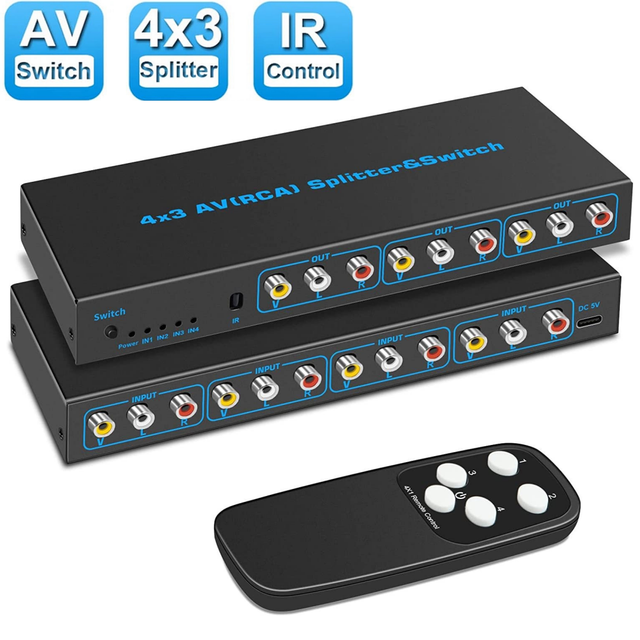RCA Switch 4 in 3 Out: 4 Way AV Splitter 3 Output L/R Audio Selector Box with Remote Control Audio Video Distribution Switcher