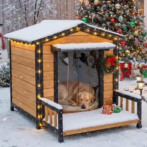 Nichoir moderne en bois pour chien avec porche extérieur, toit résistant aux intempéries, porte transparente écologique, pour chiens de taille moyenne, gris - Product Image 6