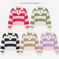 Pull en tricot rayé personnalisé pour femme, col contrastant, col en V, manches longues, pull court pour tenues décontractées quotidiennes