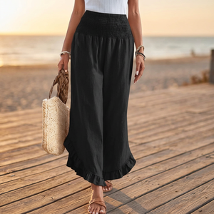 Women's High Waisted Elastic Waist Loose Wide Leg <b>Chiffon</b> Flat Front Ruffles Solid Black Bohemian Style Summer Full Length Pants - Product Image 3