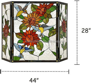 Stained Glass Fireplace <b>Screen</b> 3 Panels Sunflower Design Traditional Decor Cathedral Shape Living Room Artistic Decoration - Product Image 6