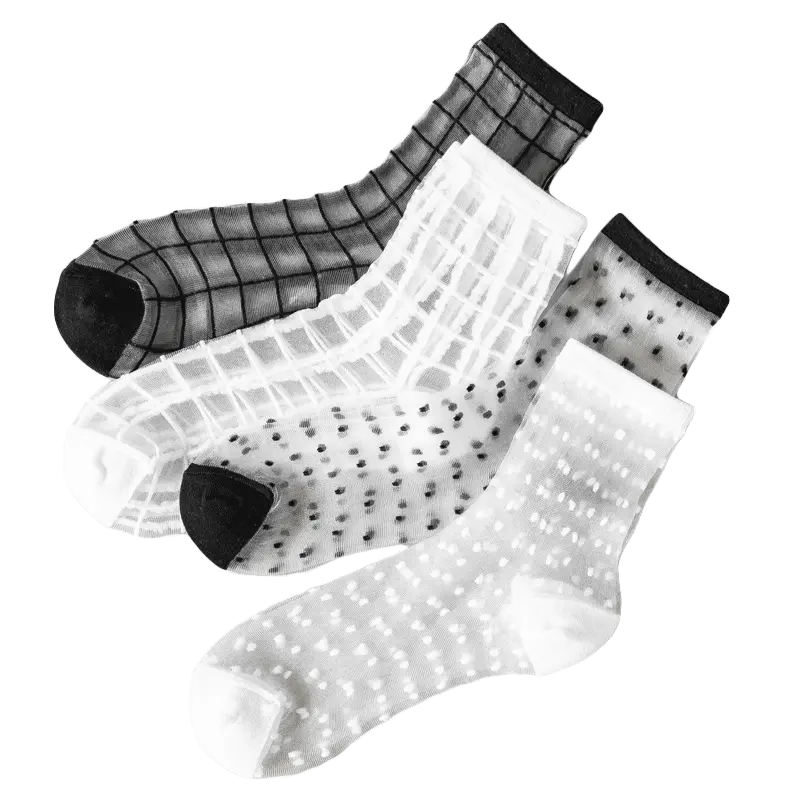 Chaussettes transparentes à carreaux rayées pour femmes, bas transparents de haute qualité, noir et blanc, design personnalisé, vente en gros, collection