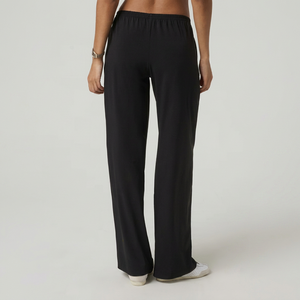 Women's Black Wide Leg Pants With Pockets Breathable Polyester Fabric All Seasons Regular Length Solid Color - Product Image 1