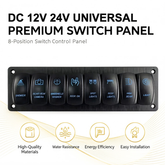 8 Gang Rocker Switch Panel Blue LED Aluminum 12V-24V SPST 5 Pin Toggle for UTV ATV Car Truck Light Bar Control