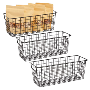 <b>Rectangular</b> Metal Wire <b>Storage</b> <b>Baskets</b> Set of 3 with Handles for Pantry Organization Stackable Design Simple Style - Product Image 1