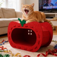 Nouvelle Tanière pour Chat en Feutre Rouge en Forme de Pomme, Style Tunnel Respirant Semi-fermé, Lit d'Intérieur Toutes Saisons pour Animaux de Compagnie