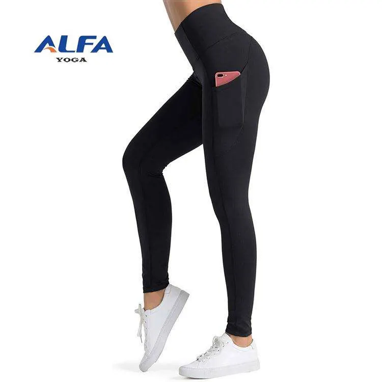 Alfa High Waist Solid Yoga Leggings Exercise Tummy Control Workout Running 4 Way Stretch Yoga Pants For Women With 3 Pockets