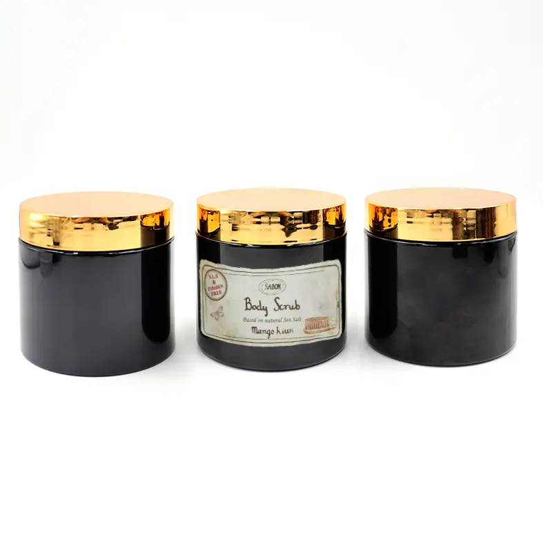 Etichetta personalizzata 250ml 8 oz coperchio in oro di lusso imballaggio cosmetico contenitori in plastica nera per uso alimentare barattoli con coperchi