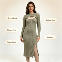 Robe longue en maille côtelée verte pour femme, personnalisable OEM & ODM, haute qualité, manches longues, avec fente, style décontracté, vente en gros
