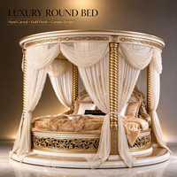 Lit King Size Style Palais Européen avec Cadre et Baldaquin Rond Doré, Ensembles de Meubles de Chambre Principale, Mobilier de Maison