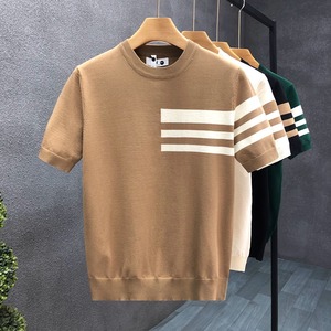 T-shirt tricoté à manches courtes pour homme, style décontracté d'été, rayé, coupe ajustée simple, idéal pour le dropshipping - Product Image 2