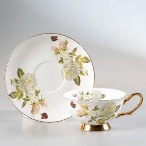 Set cangkir teh dan piring pola bunga pelek emas royal mewah kualitas tinggi set cangkir teh tulang halus Cina