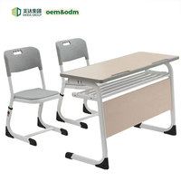 Ensemble de chaises doubles réglables confortables pour l'école avec plateau de table en bois épais en forme de F, design de style français, 2 tiroirs