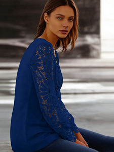 Top in <span class=keywords><strong>Pizzo</strong></span> da Donna <span class=keywords><strong>Blu</strong></span> Navy con Maniche Lunghe, Scollo a V e Stampa Floreale, Traspirante in Stile Vintage - Product Image 3