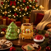 Ensemble de tasses à thème de Noël en céramique, Père Noël, Bonhomme de neige, Arbre, Ours, Renne, avec couvercles en relief 3D, collection de cadeaux chaleureux