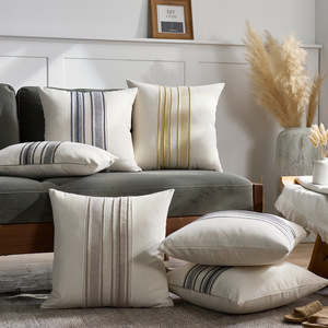 Sarung Bantal Dekoratif Linen Motif Garis Hitam dan Beige untuk Sofa, Kursi, Kamar Tidur, Dekorasi Rumah - Product Image 1