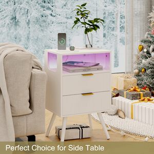 Table de chevet moderne SENYU avec 2 tiroirs, éclairage LED, design mi-siècle, table de chevet blanche pour chambre à coucher - Product Image 2