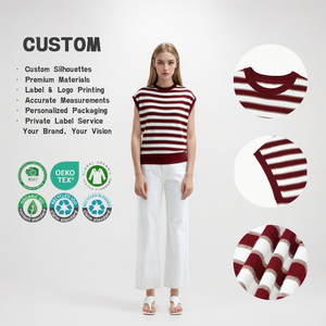 เสื้อสเวตเตอร์ถักคอวีแบบไม่มีแขนสำหรับผู้หญิง ขายส่งแบบกำหนดเองได้ เสื้อกั๊กถักลายทางเนื้อผ้าขนสัตว์ เสื้อถักลำลองสำหรับผู้หญิง - Product Image 1