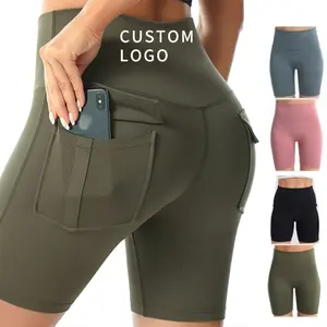 Shorts cargo de tecido macio com logotipo personalizado, leggings com 2 bolsos para mulheres, cintura alta, yoga, motociclista, short mujer