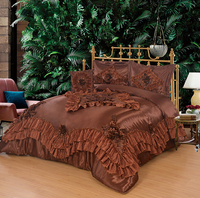 Ensemble de literie en satin doré royal à volants, 300tc, 4 pièces, style européen/américain, patchwork, broderie florale, linge de lit de luxe pour chambre à coucher