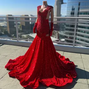 Ocstrade Elegant Sparkly Sequin Ball Gown Maxi Mermaid Prom Dress Sleeveless Cut Out Romantic Gloves Evening Dress For Women