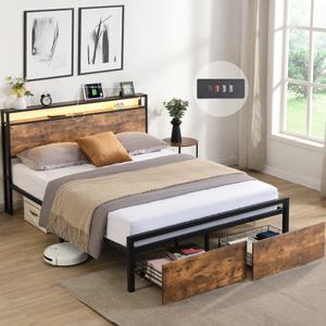 FCJ Queen Size Murphy telaio letto con luci LED stazione di ricarica testiera di stoccaggio 2 cassetti