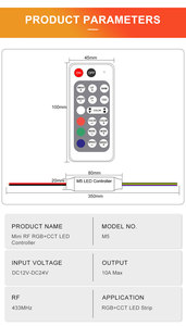 M5 <span class=keywords><strong>Mini</strong></span> RF RGB + CCT Controlador LED 433MHZ Inalámbrico DC 12V-24V Iluminación ambiental regulable para decoración de hoteles e iluminación de escenario - Product Image 6