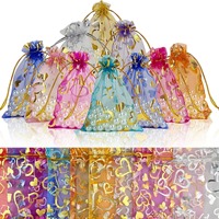 Sacs cadeaux en organza à cordon, multicolores, avec feuille d'or, pour bonbons et bijoux, tailles 7x9, 9x12, 15x20, vente en gros à prix réduit