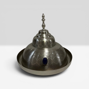 Oriental Engraved Metal Serving Dish With Lid Round Wooden Base <b>Decorative</b> <b>Plate</b> For Presents From India - Product Image 3
