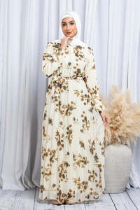 Leduo Customized <b>White</b> Floral Print Modest Floor Length Dress Smocked Cuff Abaya for Muslim - Product Image 3