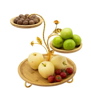 Suporte de cesta de frutas dourado, tigela de metal moderna para cozinha doméstica, suporte central com bandeja de bambu