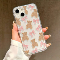 Coque de téléphone portable transparente antichoc avec motif ours mignon et nœud pour iPhone 14 15 Plus 16 17 18 Pro Max