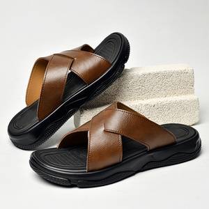 Sandales pour hommes en <span class=keywords><strong>cuir</strong></span> véritable de <span class=keywords><strong>luxe</strong></span> - Antidérapantes, à bout ouvert, à lacets croisés, tongs d'été - Product Image 4