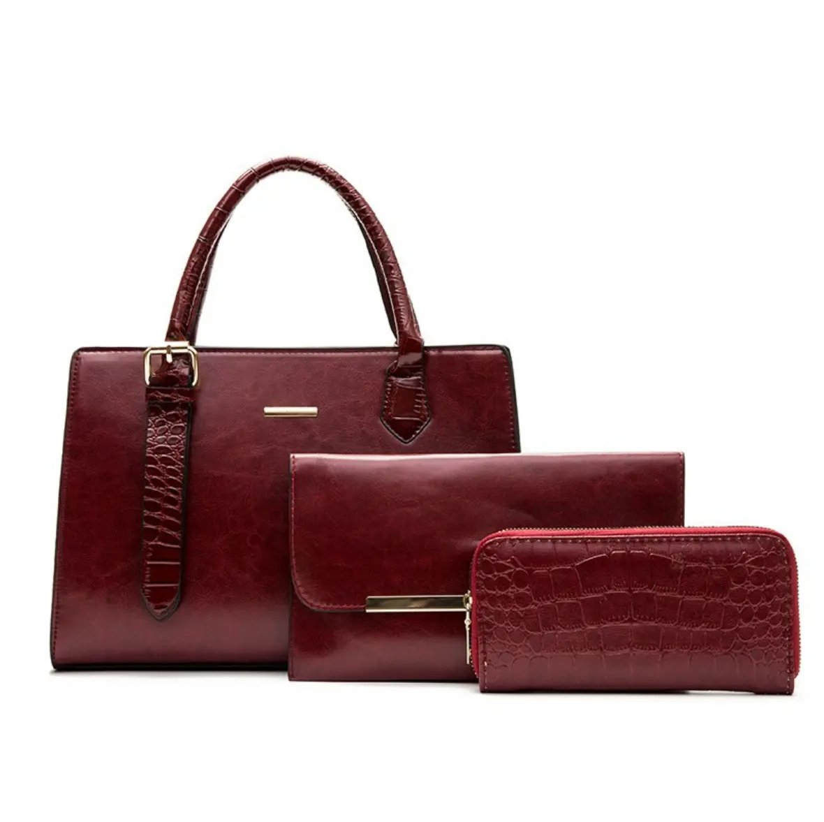 Yeni büyük kapasiteli PU düz renk askılı çanta üç parçalı set kadın çanta toka cüzdan ve el çantası toptan ile