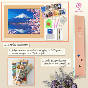 Kit de peinture diamant Paysage du Mont Fuji avec cerisiers en fleurs, art imprimé avec diamants ronds, avec cadre, forme rectangulaire, décoration murale DIY - Product Image 3