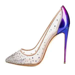 Salto alto transparente, sapatos femininos de verão de diamante em massa