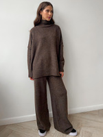 Ensemble décontracté 2 pièces automne-hiver pour femme, tricot anti-boulochage, pull col en V et pantalon long coupe droite en laine unie