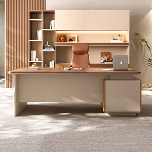 مجموعة أثاث مكتبي خشبي حديث وصديق للبيئة ومتين مع مكتب تنفيذي على شكل حرف L وخزانة - Product Image 2