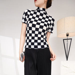 Camiseta Casual Plisada de Alta Elasticidad para Mujer, Verano 2025, Estampado a Cuadros, Cuello Alto, Manga Corta, Ecológica, Ajustada - Product Image 2